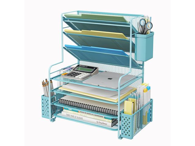 7 Tier Desk File Organizer, Letter Tray Paper Organizer with Pen Holder and Metal Hanging Basket, Blue