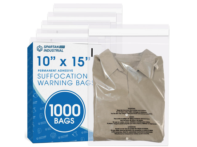 10' X 15' (1000 Count) Self Seal Clear Poly Bags with Suffocation Warning for Packaging, T Shirts - Permanent Adhesive