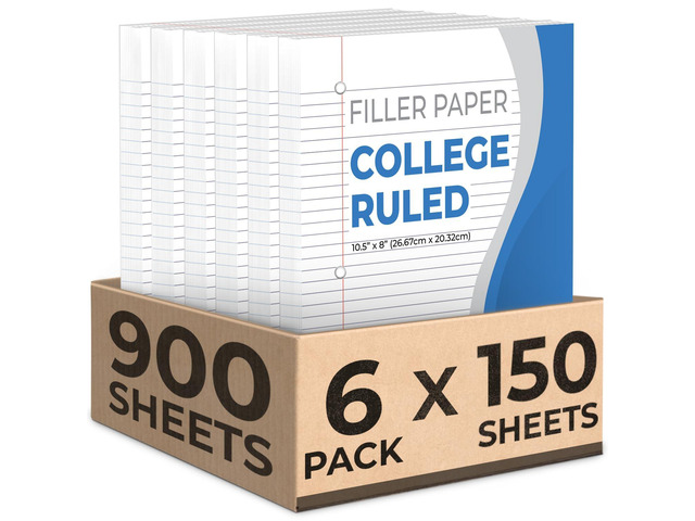 900 Sheets Loose Leaf Paper, 6 Pack, College Ruled Filler Paper Bulk Office Filler Paper, 8' x 10.5', 3 Hole Punched, 150 Sheets/Pack, College...