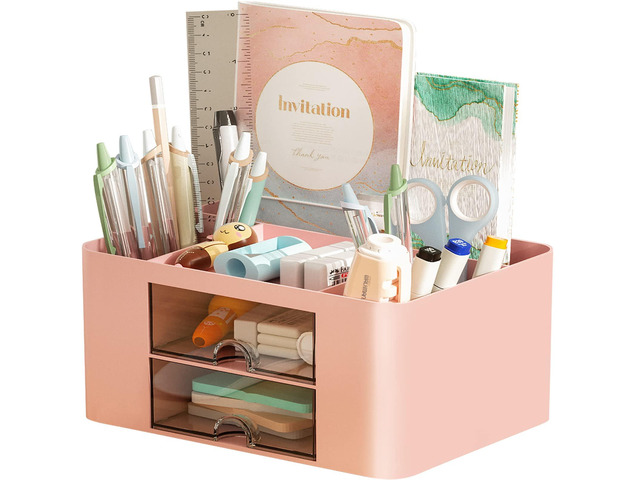 Pen Organizer with 2 Drawer, Multi-Functional Pencil Holder for Desk, Desk Organizers and Accessories with 5 Compartments + Drawer for Office Art...