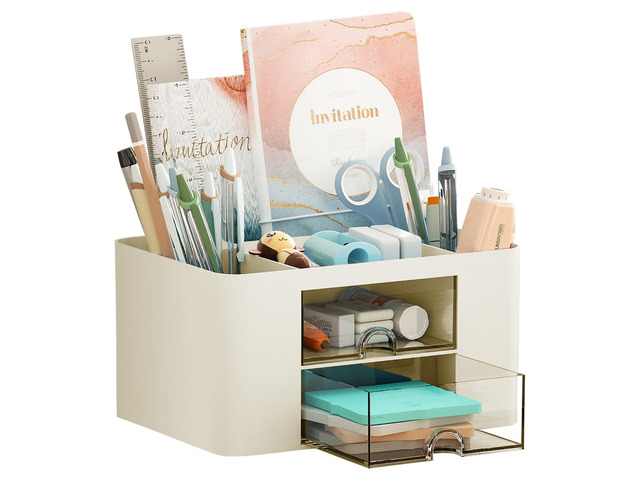 Pen Organizer with 2 Drawer, Multi-Functional Pencil Holder for Desk, Desk Organizers and Accessories with 5 Compartments + Drawer for Office Art...