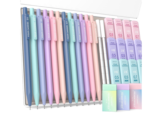 Cute Mechanical Pencil Set, 0.5mm & 0.7mm Point, 12-Count Pack 720 HB/2B Leads, 3 Erasers, 18 Eraser Refills, Storage Case, Pastel Barrels,...