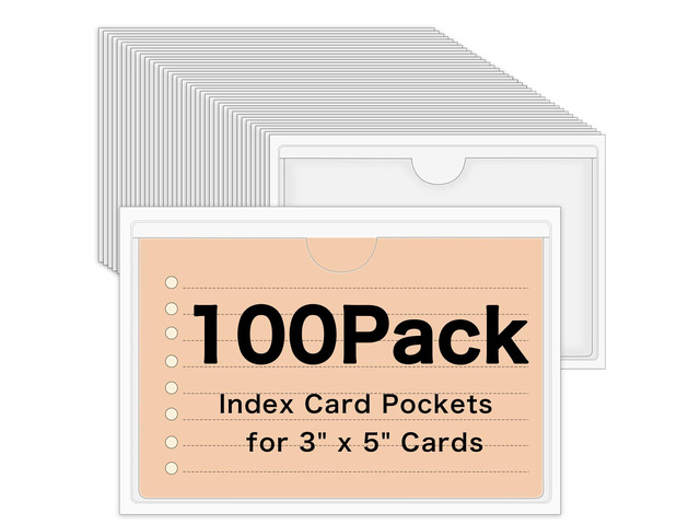 100 Pack Self-Adhesive 3' x 5' Index Card Pockets Clear Lables Holder Pvc Clear Pockets, Strong Adhesive, Fits Bins Folders Shelves, Protects Cards...