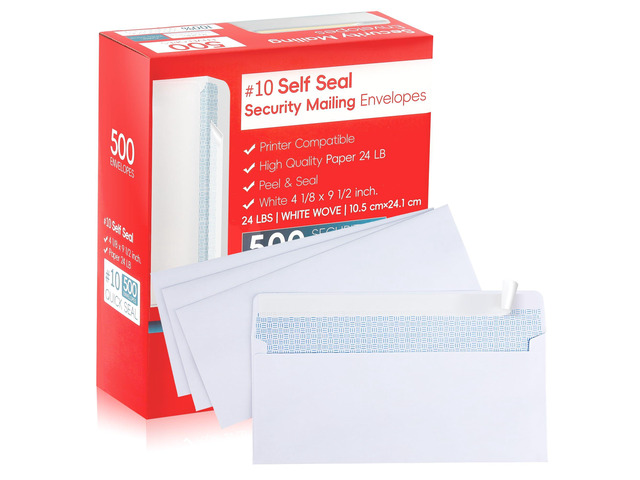#10 Letter Size Mailing Envelopes for Business, 500pcs Self Seal Windowless Security Envelopes 4-1/8 x 9-1/2 Inch White 24LB Paper