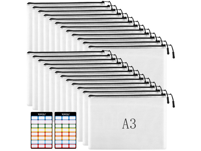 24pcs Mesh Zipper Pouches, A3 Size 17 x 12 inches Waterproof Black Zipper Bags, Water-Resistant Plastic Zipper Pouch for School Office Supplies,...