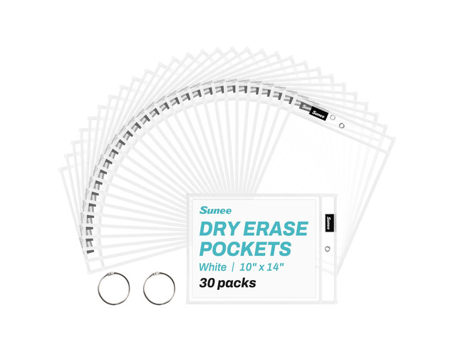 30 Packs Oversized Reusable Dry Erase Pocket Sleeves with 2 Rings, White 10x14 Ticket Holders, Clear Plastic Sheet Protectors, Teacher School...