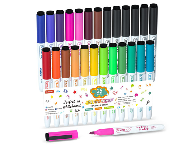 Dry Erase Markers 25 Pack 20 Colors Plus 5 Extra Black Fine Tip Smooth Fine-Point Writing, Clean Dry Wipe Ink, Non-toxic Low-Odor, Perfect for...