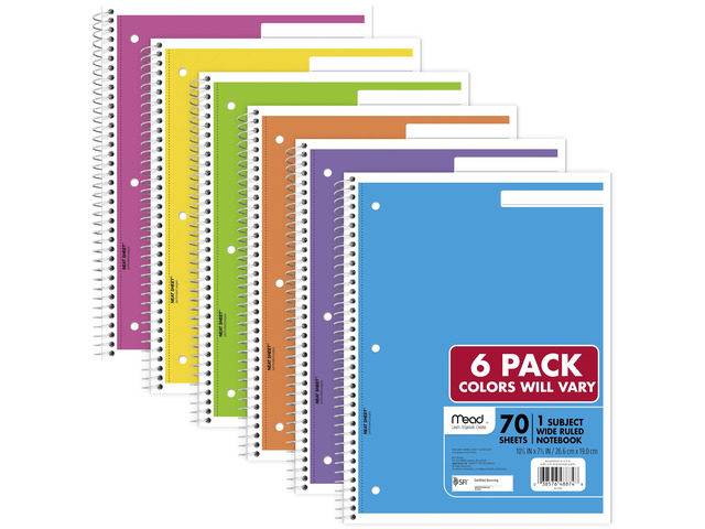 Spiral Notebook, 1 Subject, Wide Ruled Paper, 8' x 10-1/2', 70 Sheets, Selected Colors Will Vary, 6 Pack (930267)