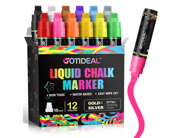 Window Markers, Jumbo Chalk Markers for Blackboard Washable Car Marker for Chalkboard,Glass Mirrow,10mm Thick Tip 12 Colors With Metallic Colors