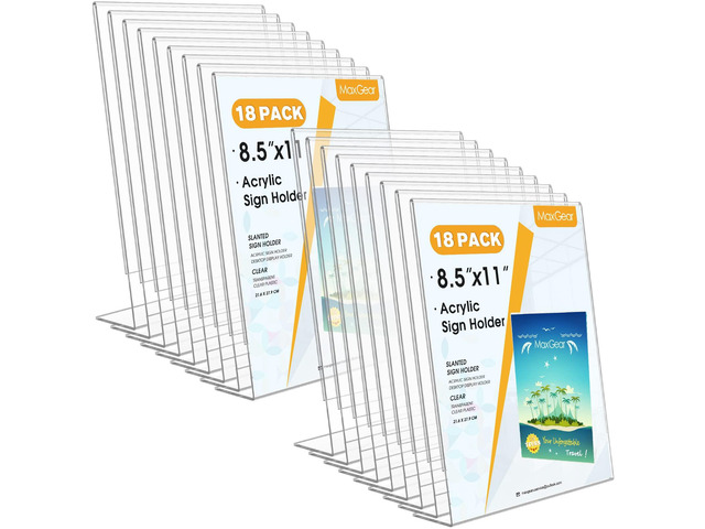 Acrylic Sign Holder, 8.5 x 11 Slant Back Display Stand, 18 Pack Clear Acrylic Material, L-Shape Design for Menus, Flyers and Signs, Easy Paper...