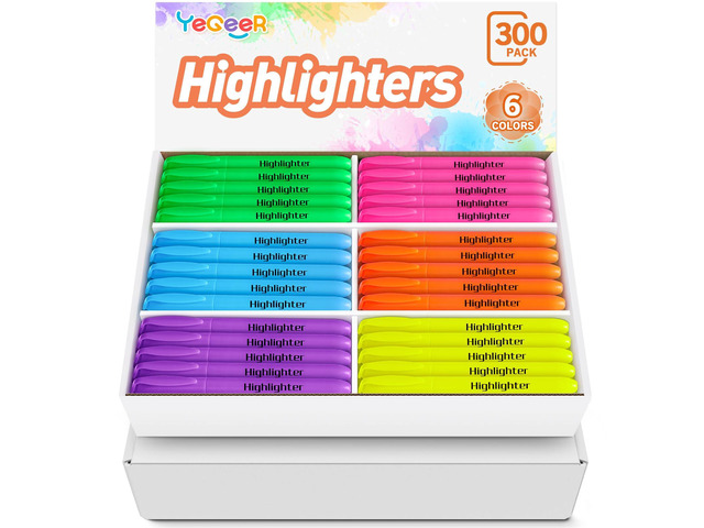 Highlighters, Chisel Tip Dry-Quickly Highlighter Markers, 300 Count-6 Assorted Colors Highlighters Bulk Pack for Adult Kids, Office Classroom Must...