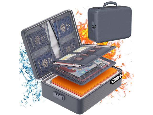 5200Â°F Fireproof Document Organizer Box with Lock, Gray (Soft) Heat Insulated 8 Layers File Protection Bag,Water-Resistant Zipper,Portable Home...