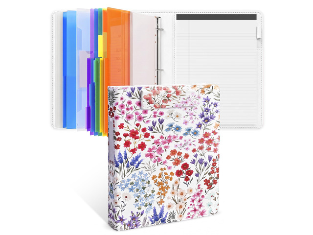 3 Ring Binder Clipboard with Storage, 5 Folders, Flower 3 ring clipboard portfolio combines five expandable folders, a refillable letter-size...