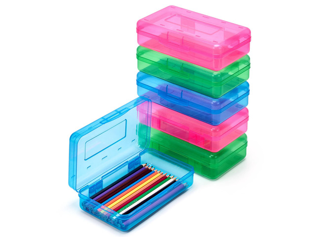 Plastic Pencil Box with Snap-tight Lid, (Blue/Green/Pink) 6Pack Kid Hard Pencil Case,Small Art Craft Storage Containers,School Supplies Box for...