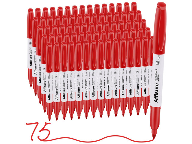 Red Permanent Markers Bulk, 75 Count, Quick Drying and Fade Resistant, Fine Point Marker works on Paper, Plastic, Metal, Wood, Perfect for...