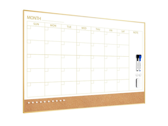 Dry Erase Calendar Whiteboard Cork Board Combo 36'x24' Magnetic White Board Calendar Dry Erase for Wall, Gold Frame Monthly Combination Board for...