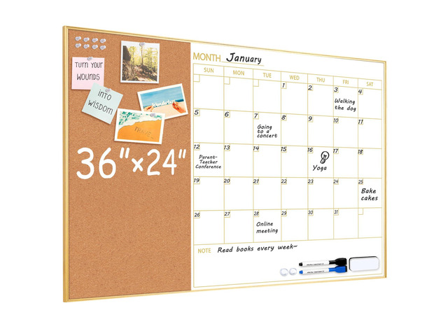 Whiteboard Calendar with Cork Board 36'x24' Magnetic White Board Calendar Dry Erase for Wall, Gold Frame Monthly Combination Board for Office,...