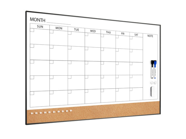 Dry Erase Calendar with Cork Board for Wall 36'x 24' Magnetic Calendar Whiteboard with Black Frame, Monthly Combination Board for School, Home, Office