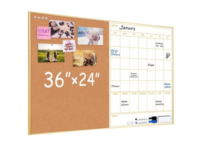 Dry Erase Calendar with Cork Board 36'x24' Magnetic White Board Calendar Dry Erase for Wall, Gold Frame Combination Board for Office, Home, School