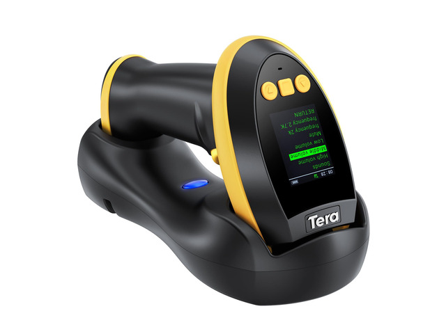 Barcode Scanner 2D Wireless with Screen: Charging Cradle HW0009 Yellow 3-Button Color Screen, Works with Bluetooth 2.4G USB, 2500mAh, 1D 2D QR...