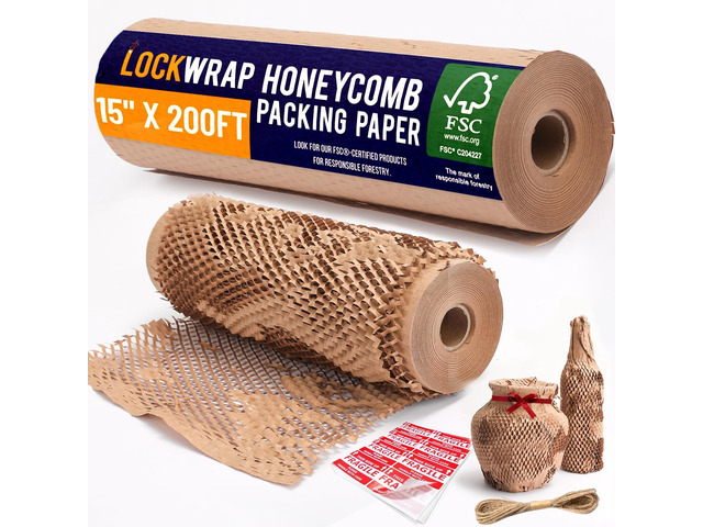 Honeycomb Packing Paper For Moving 12' x 200ft With Rope & Fragile Stickers Eco Friendly Shipping & Moving Paper Wrap For Packing Dishes Bubble...