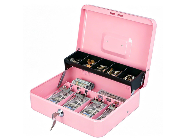 Locking Cash Box with Lock, Money Box with Cash Tray,Lock Safe Box with Key, Money Saving Organizer, 11.81Lx 9.45Wx 3.54H Inches, Pink XL Large