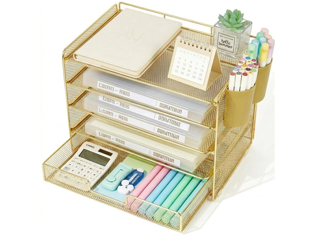 Desk Organizers and Accessories, 5-Tier Paper Letter Tray Organizer with Drawer & 2 Pen Holders, Desktop Organizer for Office Supplies (Gold)