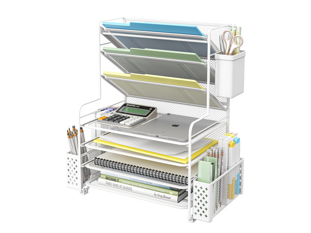 7 Tier Desk File Organizer, Letter Tray Paper Organizer with Pen Holder and Metal Hanging Basket, White