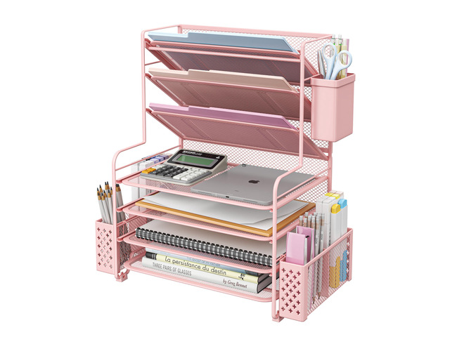 7 Tier Desk File Organizer, Letter Tray Paper Organizer with Pen Holder and Metal Hanging Basket, Pink