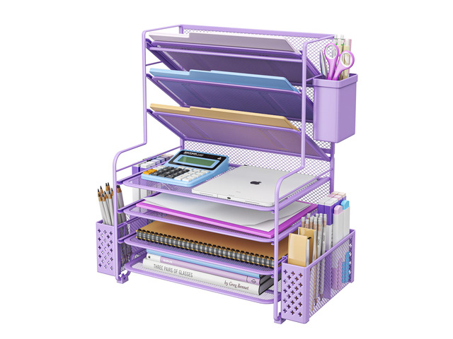 7 Tier Desk File Organizer, Letter Tray Paper Organizer with Pen Holder and Metal Hanging Basket, Purple