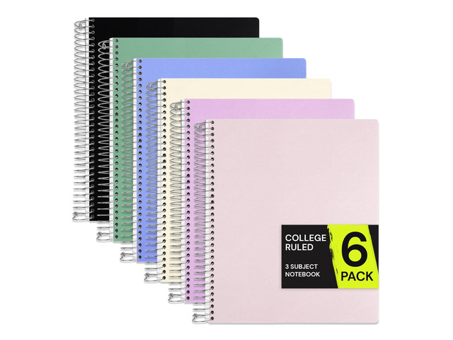 3 Subject Spiral Notebook College Ruled 6 Pack, 300 Pages, Assorted 150 Sheets, 9 x 11 in, 6 Pack Waterproof Plastic Cover, Durable, School...