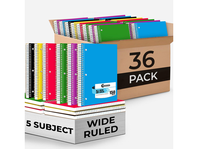36 Pack, 5 Subject Notebook Wide Ruled, 150 Sheets (300 Pages) Sturdy Spiral Journal Notebook, Wide Ruled, 8 x 10-1/2, Bulk School & Office Spiral...