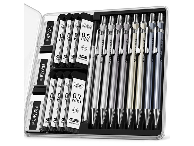 Metal Mechanical Pencil Set, 0.5/0.7mm, 8-Pack with Case, Two Sizes 480 Leads, 3 Erasers+9 Refills, for School Writing, Sketching, Art Drawing &...
