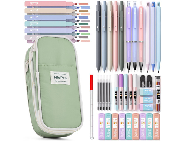 School Supplies Stationary Set with Pencil Case, 50 PCS Green Back to Schoo Supplies, Pen Case with 12 Highlighter, 5 Gel Pen, 6 Mechanical Pencil,...