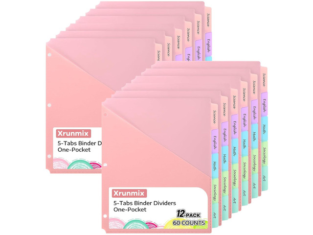 5 Tabs Dividers with Pockets for 3 Ring Binder, 5 Counts Binder Dividers for US Letter Size, Binder Dividers with Tabs for School Office...