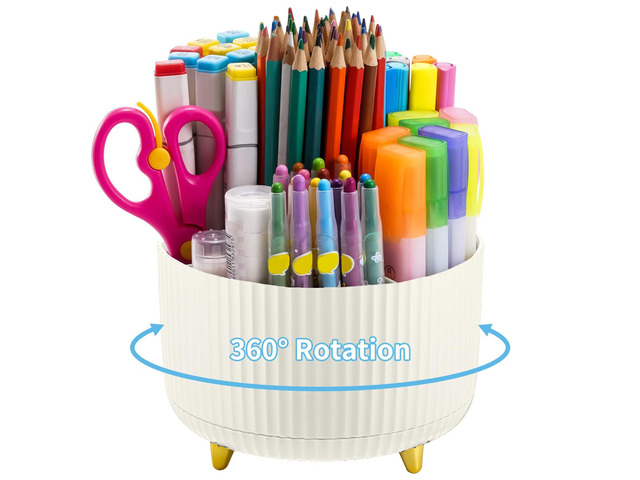 Desk Organizer, 360-Degree Rotating Pen Holder, 5-Compartment Pencil Organizer, Art Supply Storage Box Caddy for Office and Home (Ivory)