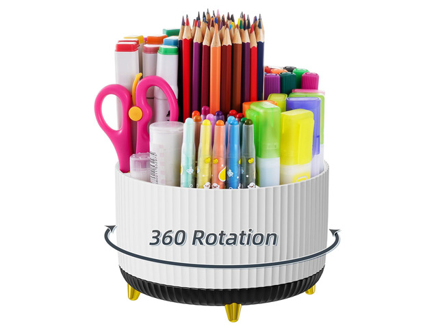 Desk Organizer, 360-Degree Rotating Pen Holder, Desk Organizers and Accessories with 5 Compartments Pencil Holder, Art Supply Storage Box Caddy for...