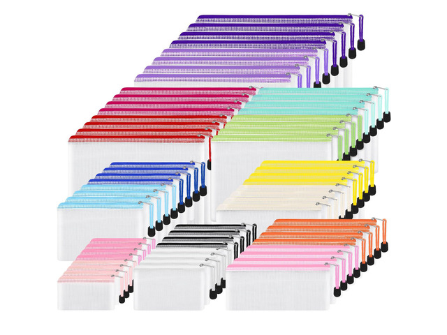 64pcs Mesh Zipper Pouch Bags, 8 Sizes Plastic Bags, 15 Colors Waterproof Pouches with Slide Fastener for Organization, Multipurpose for Travel,...