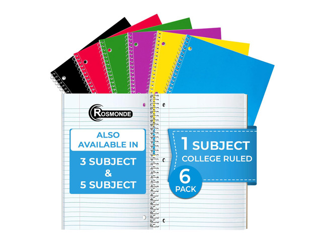 6 Pack 1 Subject Notebook College Ruled, 70 Sheets (140 Pages) Thick No-Bleed Paper, 8 x 10-1/2', 3 Hole Punched Notebooks, Sturdy Back, College...