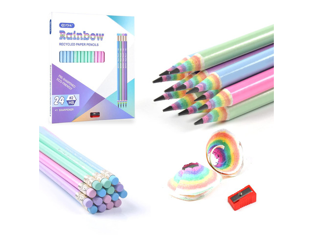 Pre-Sharpened Rainbow Pencils #2, Back to School Supplies, 24 Count Cute Number 2 Pencils for Kids Students, Latex-Free Eraser, Eco Recycled Paper,...