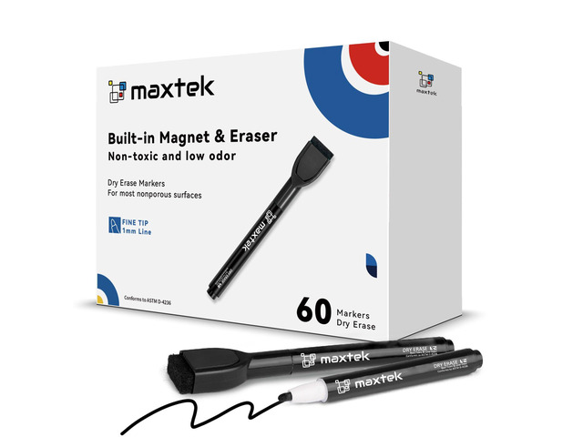Magnetic Black Dry Erase Markers, Fine Tip, 60 Count With Eraser, Low Odor, For Classroom, Office, Home