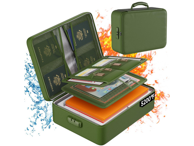 5200°F Fireproof Document Organizer Box with Lock, Green (Soft) Heat Insulated 8 Layers File Protection Bag,Water-Resistant Zipper,Portable Home...