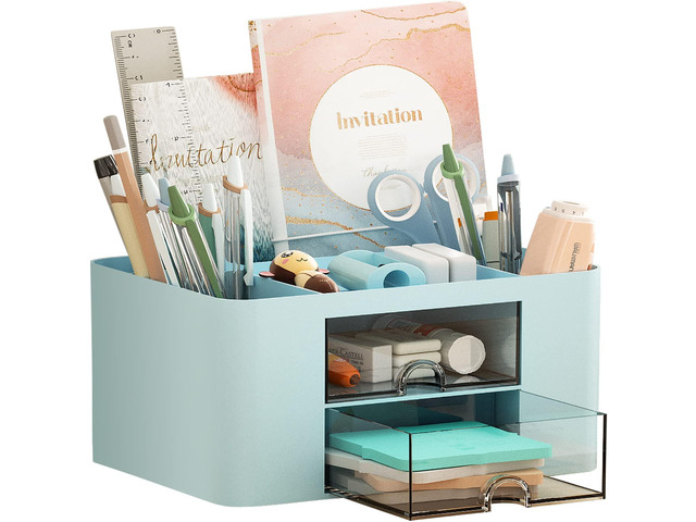 Pen Organizer with 2 Drawer, Multi-Functional Pencil Holder for Desk, Desk Organizers and Accessories with 5 Compartments + Drawer for Office Art...