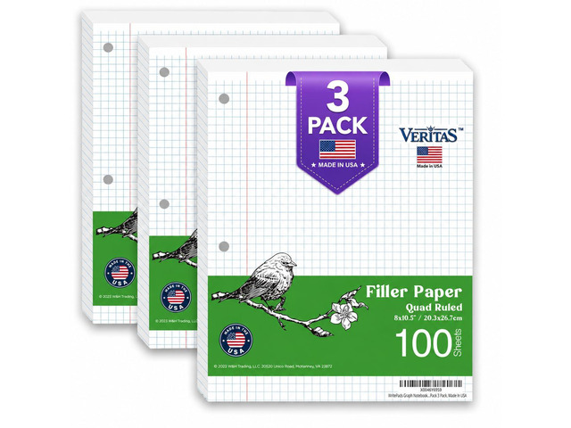 Graph Paper Loose Leaf Paper, 300 Sheets, 8 x 10.5 Inch 4x4 Quad Ruled Graphing Paper, 3 Hole Punched Filler Notebook Paper for 3 Ring Binders, 65...