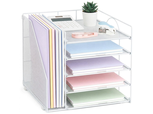 Desk Organizers and Accessories, 5-Tier Paper Letter Tray Organizer with File Holder, Desktop Organizer for Office Supplies (White)