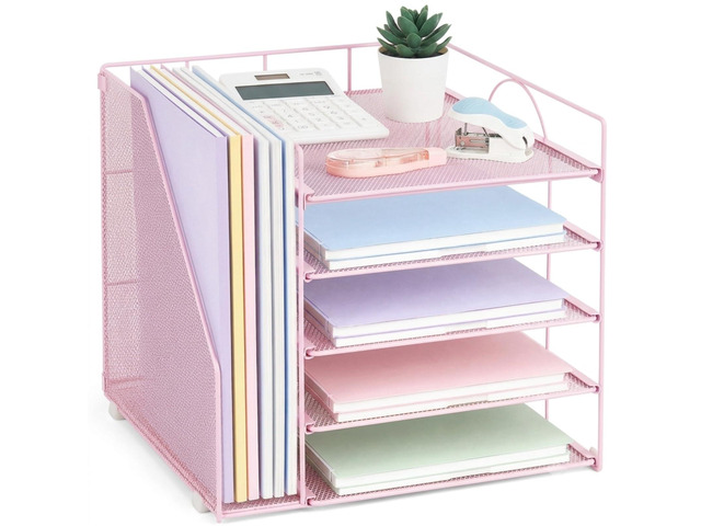 Desk Organizers and Accessories, 5-Tier Paper Letter Tray Organizer with File Holder, Desktop Organizer for Office Supplies (Pink)