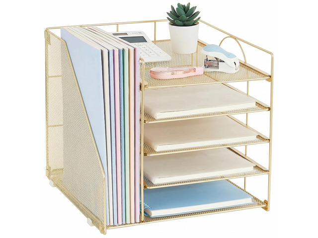 Desk Organizers and Accessories, 5-Tier Paper Letter Tray Organizer with File Holder, Desktop Organizer for Office Supplies (Gold)