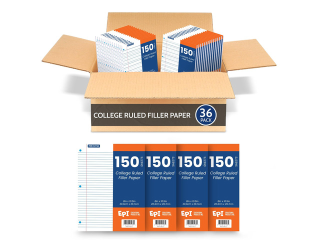 Filler Paper College Ruled Loose Leaf, 3-Hole Punched, 10.5 x 8 in, 150 Sheets School, Office, Notes, Binder Refill - 36 Pack