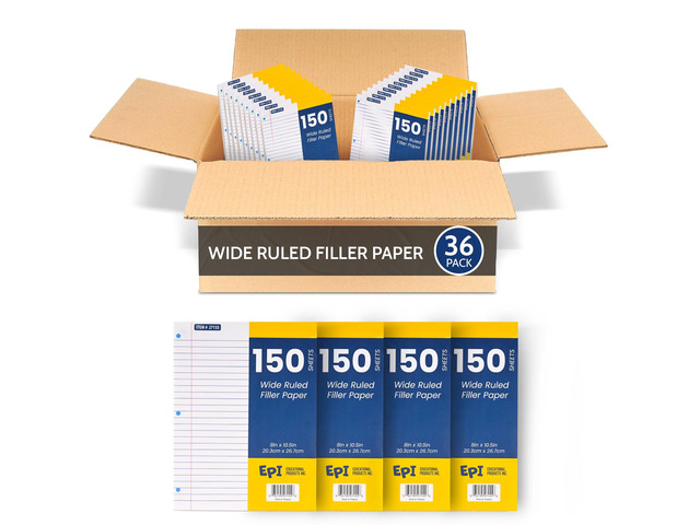 Filler Paper Wide Ruled Loose Leaf, 3-Hole Punched, 10.5 x 8 in, 150 Sheets School, Office, Notes, Binder Refill - 36 Pack