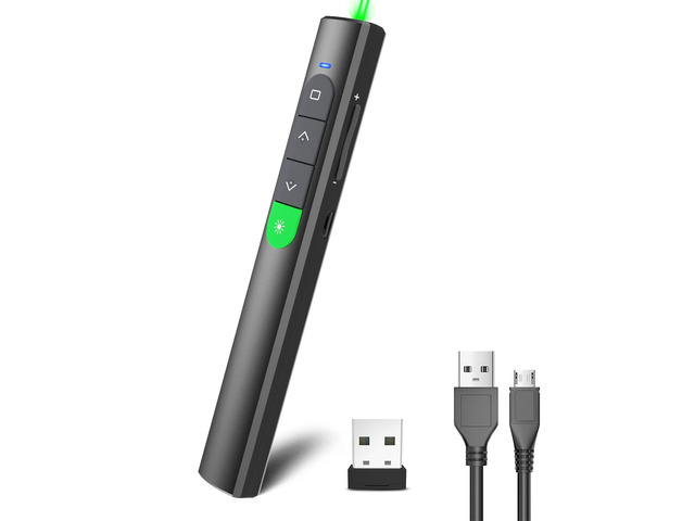 Wireless Presentation Clicker PowerPoint Presenter Remote: Rechargeable Green Laser Pointer Clickers for Computer/Mac/PPT/Slideshow/Google Slide...